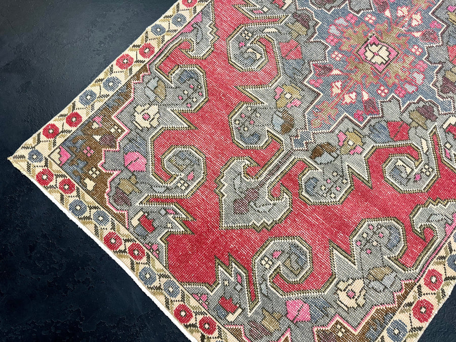 4’4 x 7’3 Vintage Turkish Oushak Carpet Muted Raspberry & Blue