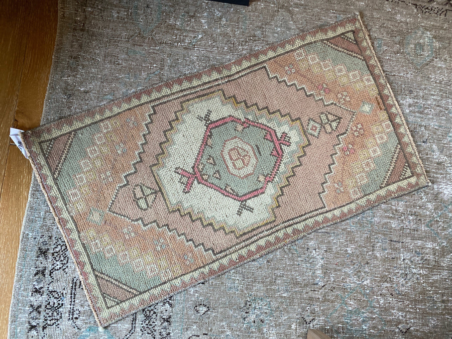 1’8 x 3’1 Vintage Turkish Oushak Rug Muted Pink, Blue and Cream