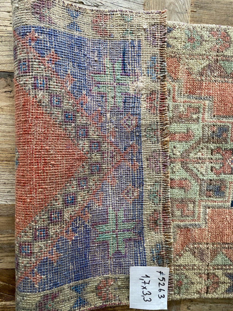 1’7 x 3’3 Vintage Oushak Runner Muted Mint, Navy & Pale Red