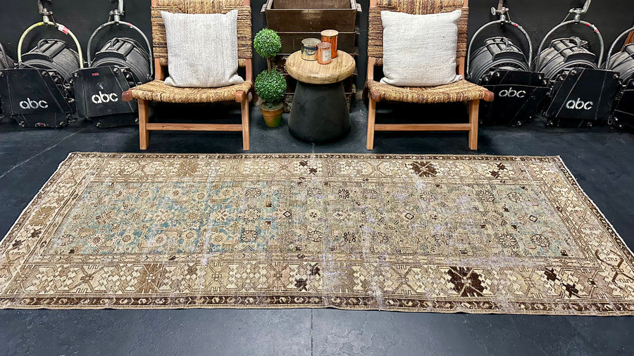 3’8 x 9’3 Classic Antique Runner Muted Turquoise, Brown & Taupe