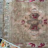 1’5 x 2’8 Antique Turkish Kars Rug Muted Camel Beige & Wine Red '4834