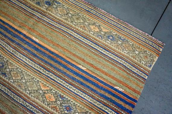 6 x 7 Jijim (Cicim) Carpet Vintage Turkish Kilim Green, Blue + Orange Kilim