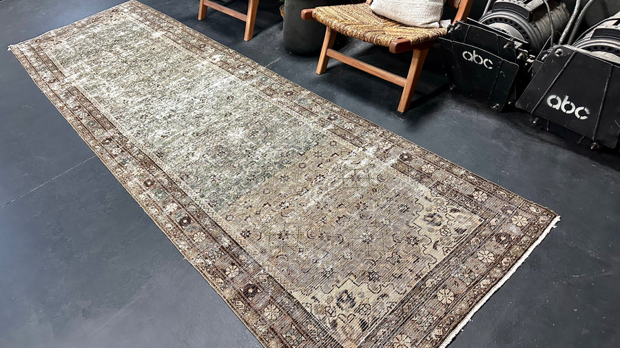 3’6 x 12’5 Classic Vintage Runner Muted Deep Sea Blue, Mocha Beige & Brown