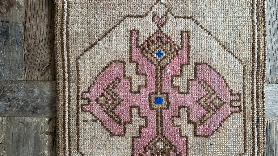 1’6 x 3’ Antique Turkish Kars Rug Muted Camel Beige, Cerulean Blue & Wine