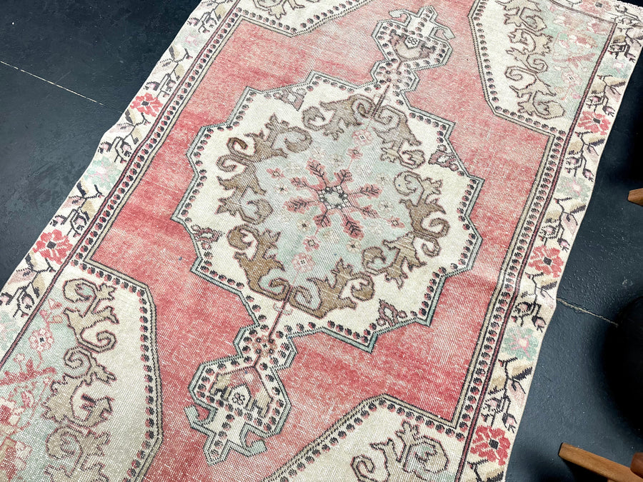 4’6 x 7’1 Vintage Turkish Oushak Carpet Muted Red & Sea Foam