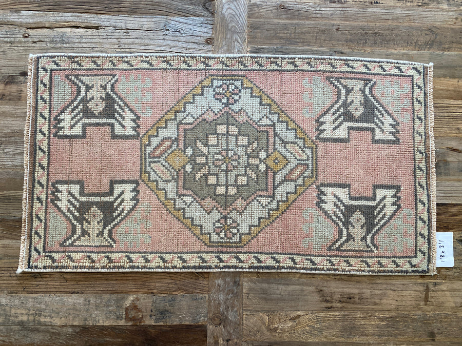1’8 x 3’1 Vintage Oushak Mat Muted Pink, Olive + Cream