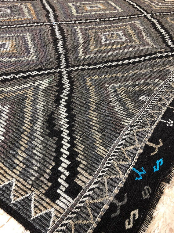 7 x 10 Large Bohemian Kilim Rug Muted Deep Plum, Gray & Black
