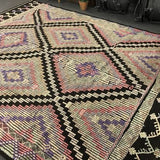 7 x 9 Cicim (jijim) Carpet Large Vintage Turkish Bohemian Kilim Rug Muted Pastels + Black