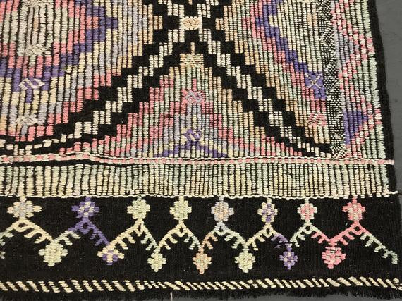 7 x 9 Cicim (jijim) Carpet Large Vintage Turkish Bohemian Kilim Rug Muted Pastels + Black