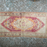 1’6 x 3’11 Vintage Turkish Oushak Rug Muted Red, Beige & Apricot '4549